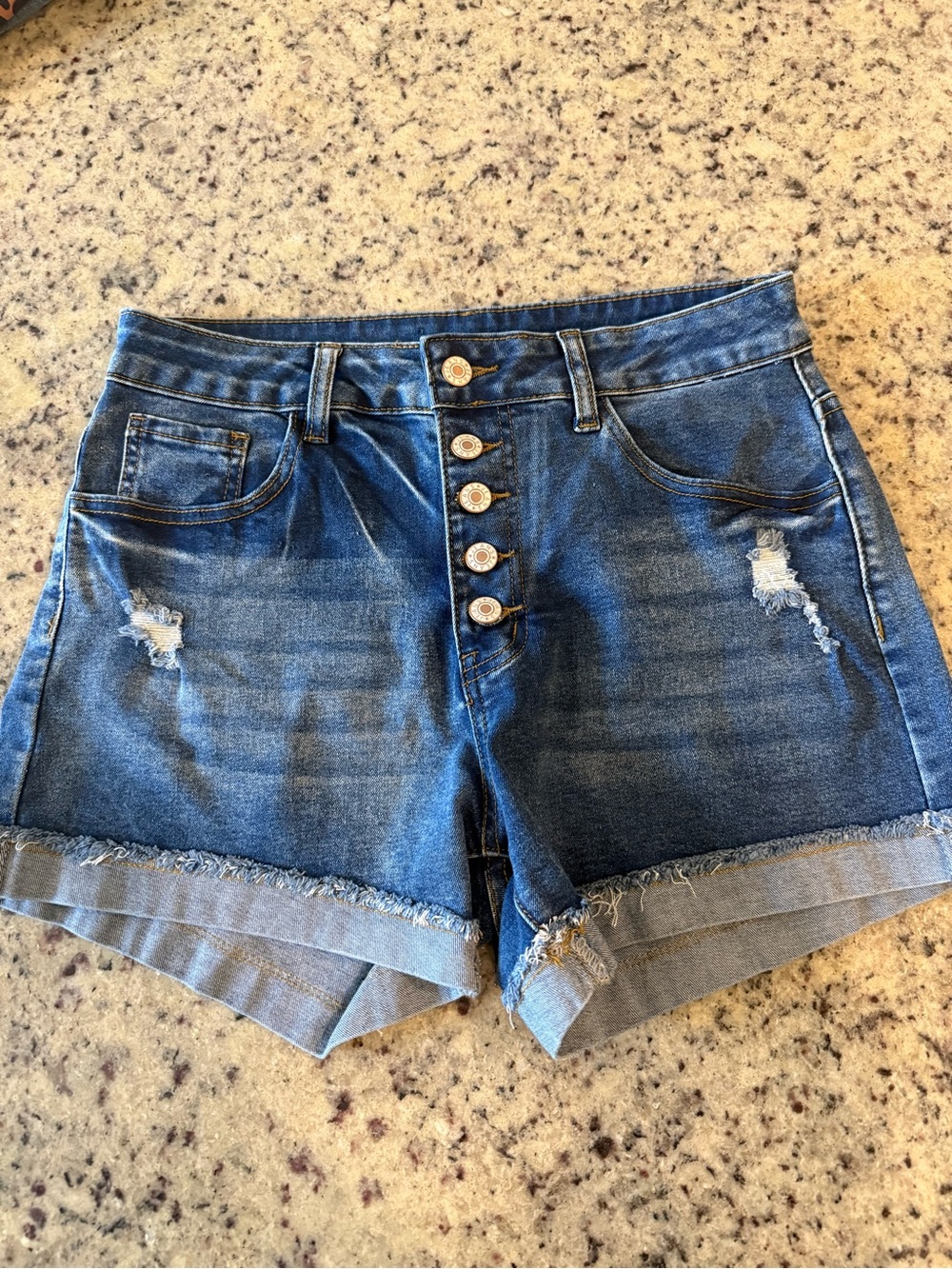 Button-Front Distressed High-Rise Denim Shorts - Blue
